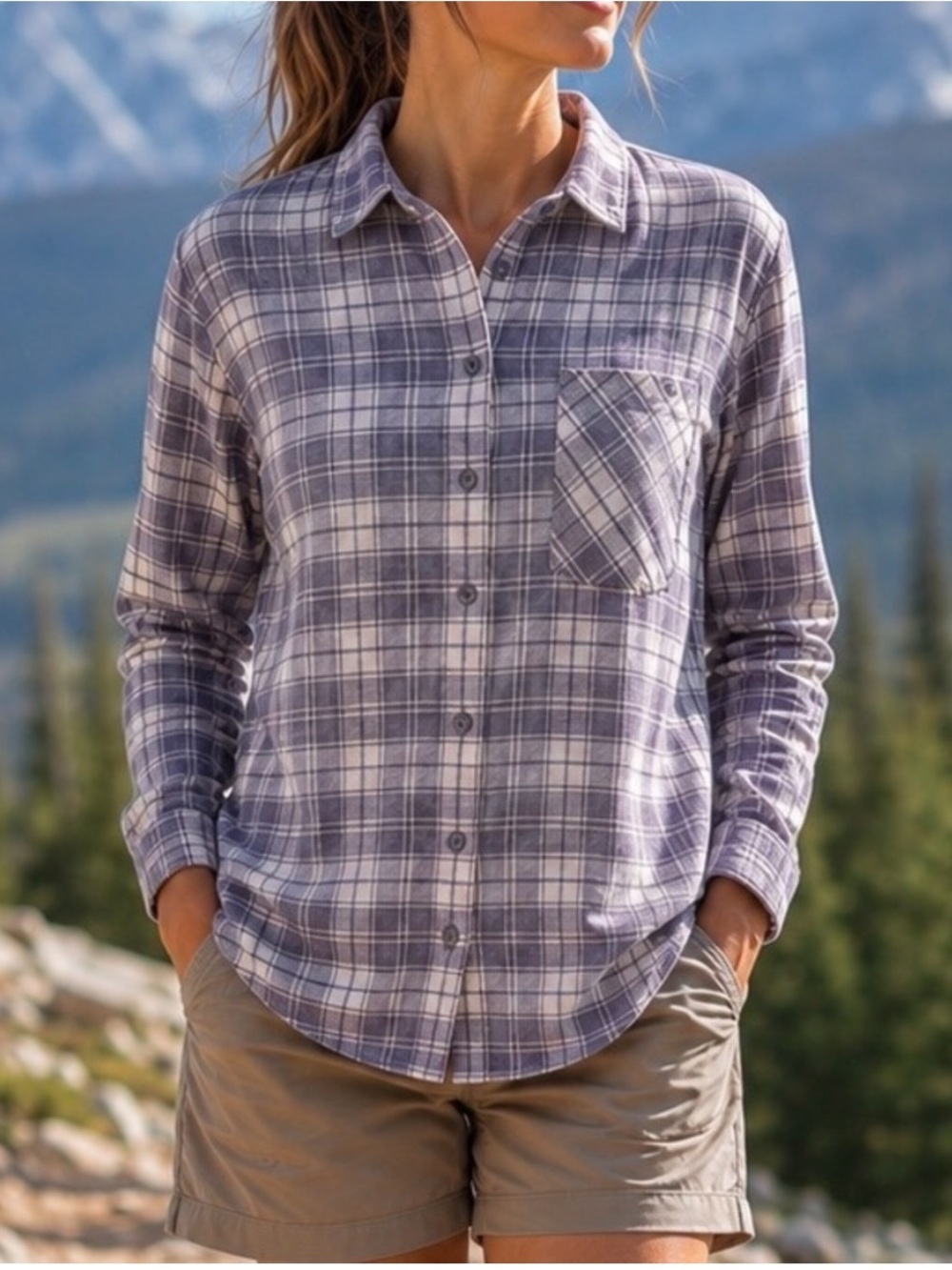 Patagonia Purple/Gray Plaid Organic Cotton Flannel Top Sz 10